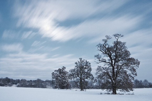 Snowy winter field at night